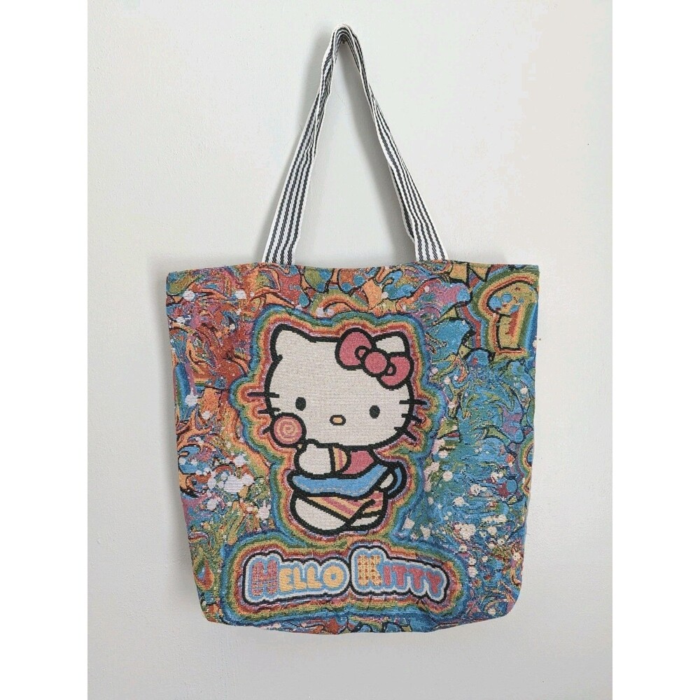 Hello Kitty Colorful Tapestry Zip Tote Shoulder Bag Lined Travel Psychedelic NEW